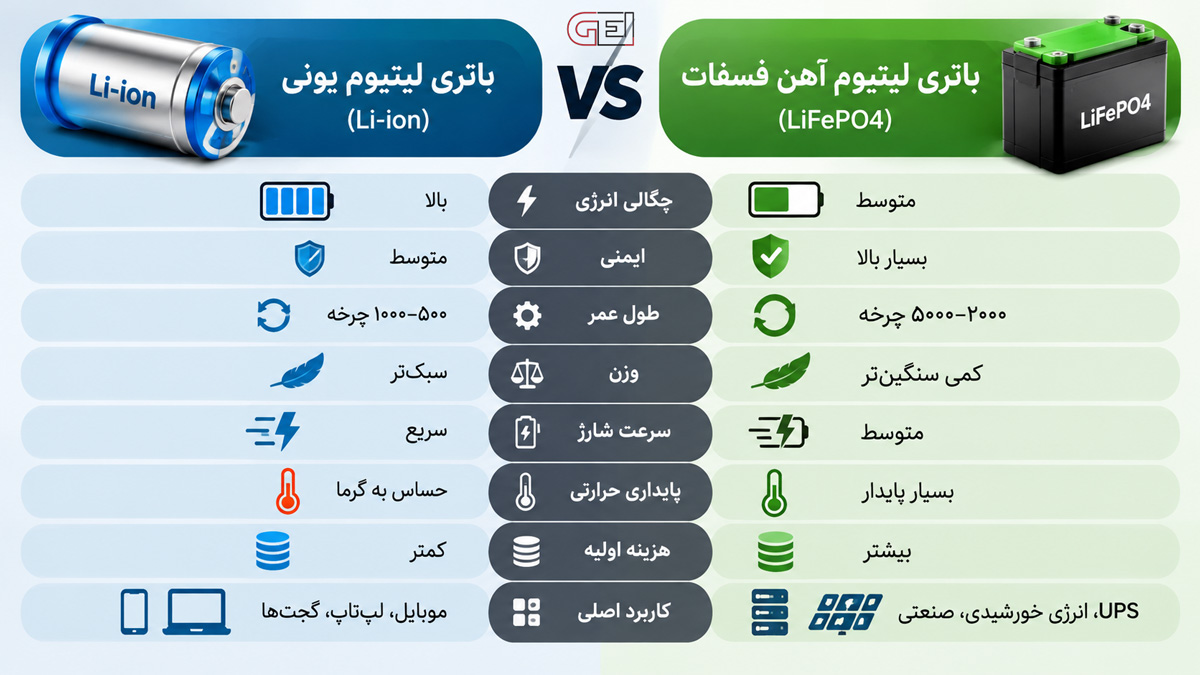 تفاوت باتری لیتیوم یونی و لیتیوم آهن فسفات