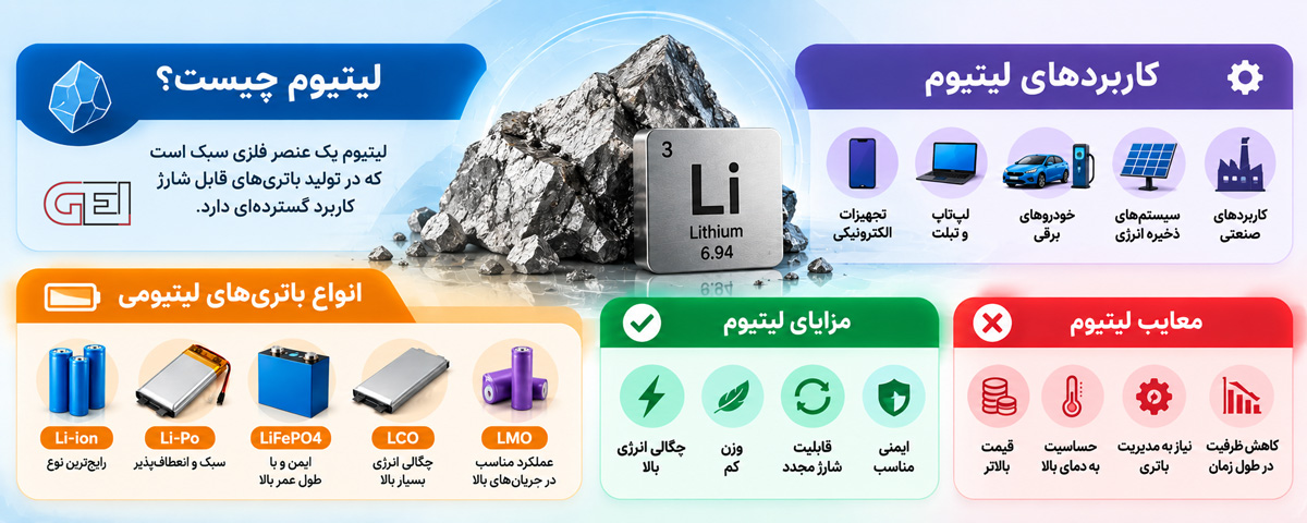 ویژگی مقدار توضیحات نماد شیمیایی Li نماد لیتیوم در جدول تناوبی عدد اتمی 3 تعداد پروتون‌ ها در هسته چگالی 0٫53 g/cm³ سبک‌ ترین فلز در میان عناصر نقطه ذوب 180٫5 °C دمای شروع ذوب شدن نقطه جوش 1342 °C دمای تبدیل به گاز ساختار بلوری مکعب مرکزپر (BCC) آرایش اتم‌ ها در ساختار جامد واکنش با آب بسیار شدید تولید هیدروژن و هیدروکسید لیتیوم رسانایی الکتریکی بالا فلز رسانای الکتریسیته است رنگ نقره‌ ای و سفید سطح فلز در هوا پس از مدتی پوشیده از اکسید لیتیوم می‌ شود